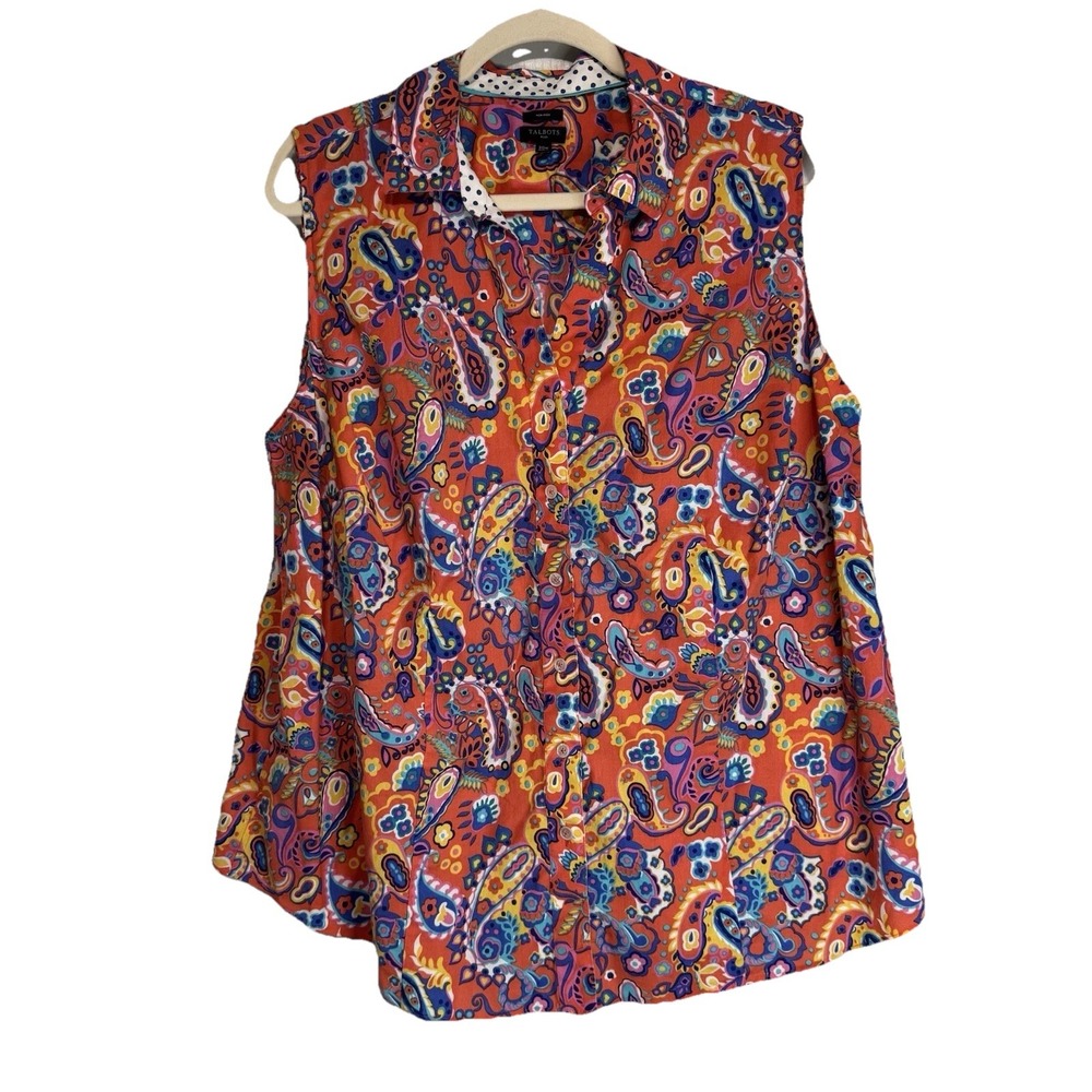 Talbots Plus Paisley Print Sleeveless Button Shirt Top 20W Non Iron Orange Blue